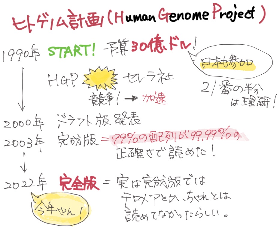 ヒトゲノム計画の歴史の概要。1990年に予算30億ドルではじまり、日本も参加した。21万染色体の半分は理研が担当。2000年にドラフト版を発表し、2003年に99%の配列を決めた完成版が発表され、2022年に完全版が発表された。