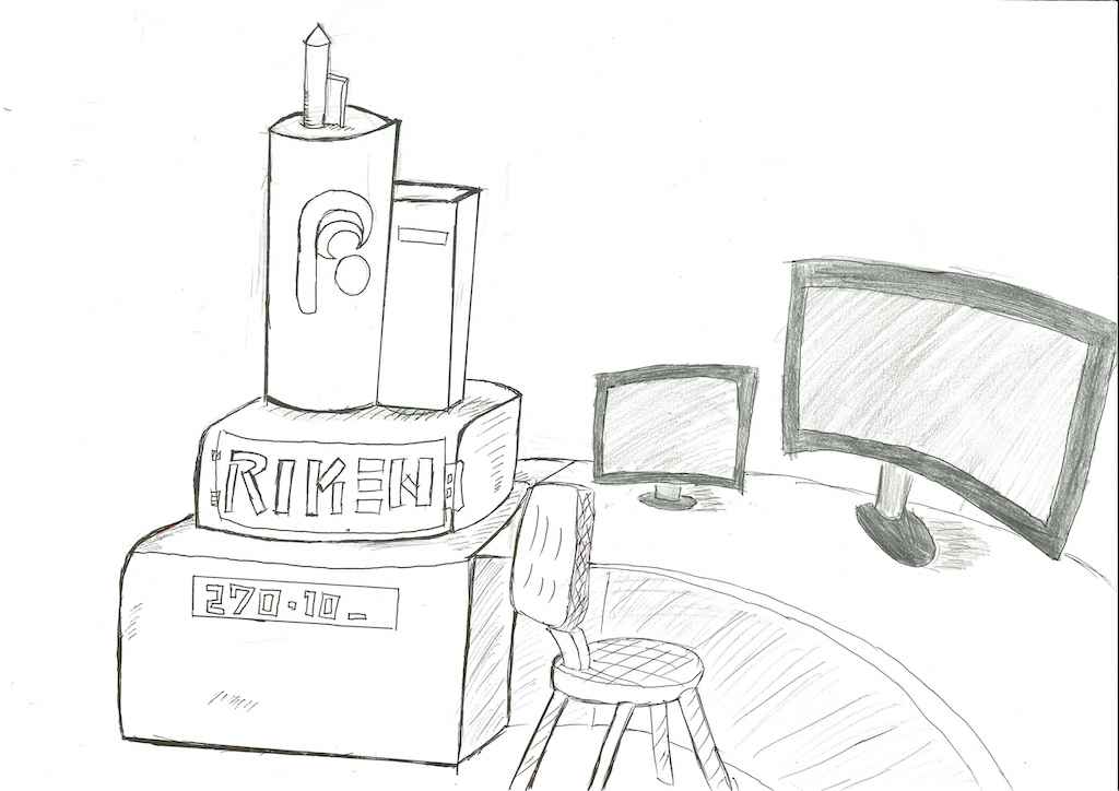 中学生が鉛筆で描いた電子顕微鏡のイラスト。左側に機械が、右側にモニターがある。