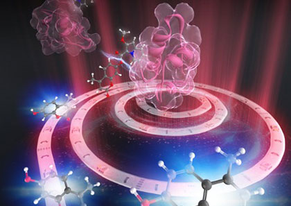 A conceptual image depicting red light from a wire-shaped LED triggering the release of an anticancer molecule within a tumor